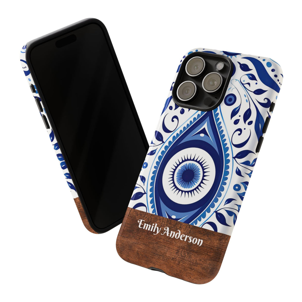 Personalisierte Blaue Fliesen Handyhülle mit Namen – Mediterranes Blumendesign