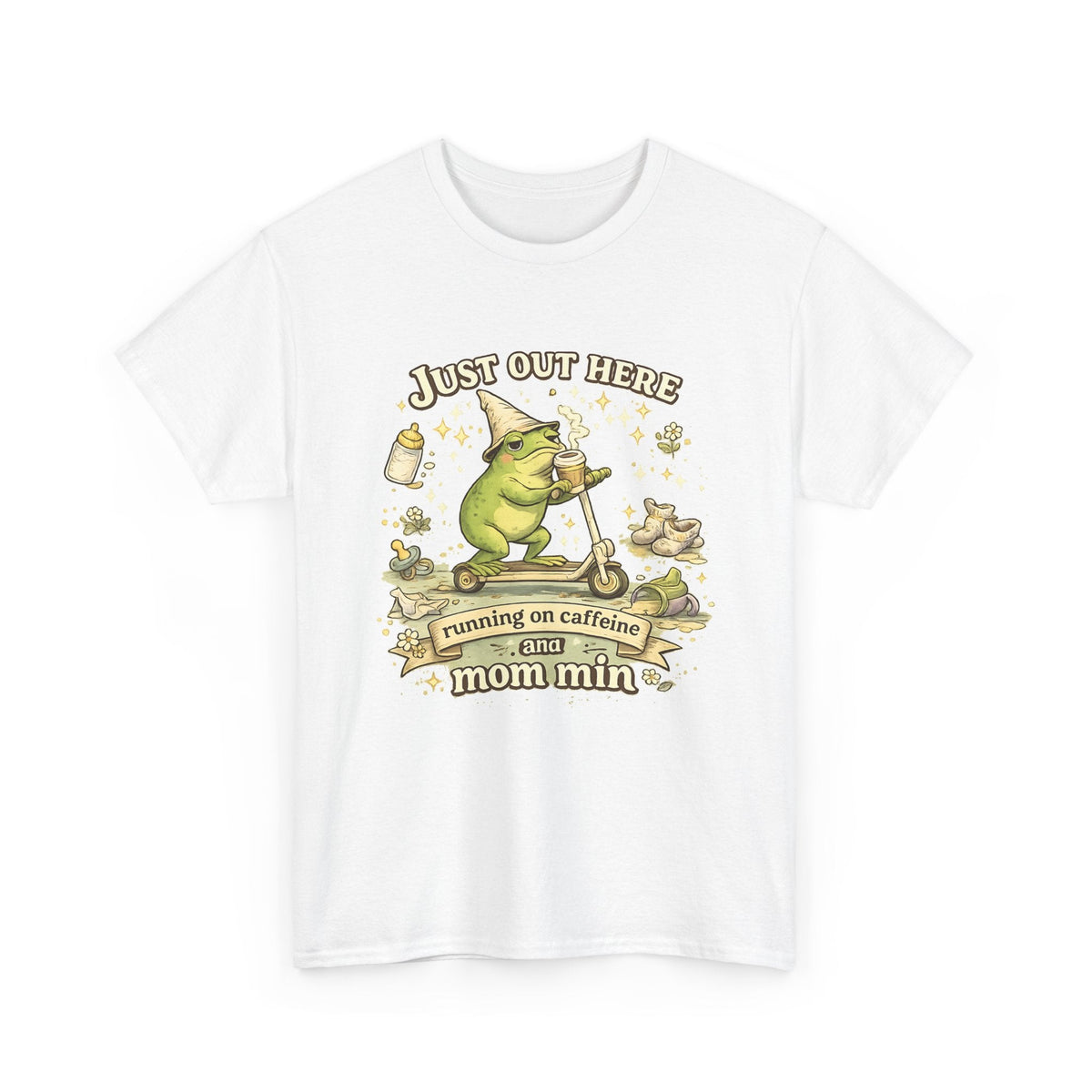 “Running on Caffeine & Mommin’” T-Shirt – Lustige Mama, Kaffee & Frosch Grafik-T-Shirt