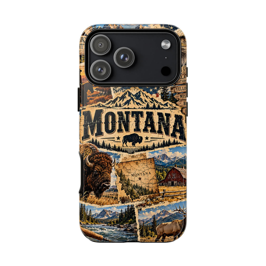 Montana-Reise-Collage Handyhülle – Robuste Handyhülle im Western-Vintage-Stil