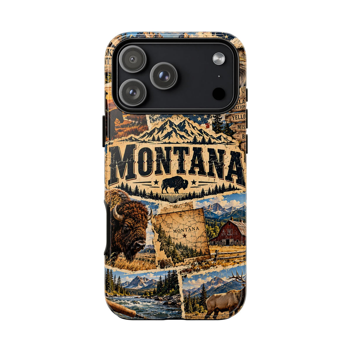 Montana-Reise-Collage Handyhülle – Robuste Handyhülle im Western-Vintage-Stil