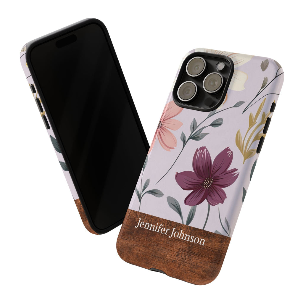 Personalisierte Blumen Handyhülle mit Namen – Robuste Handyhülle mit Holzoptik
