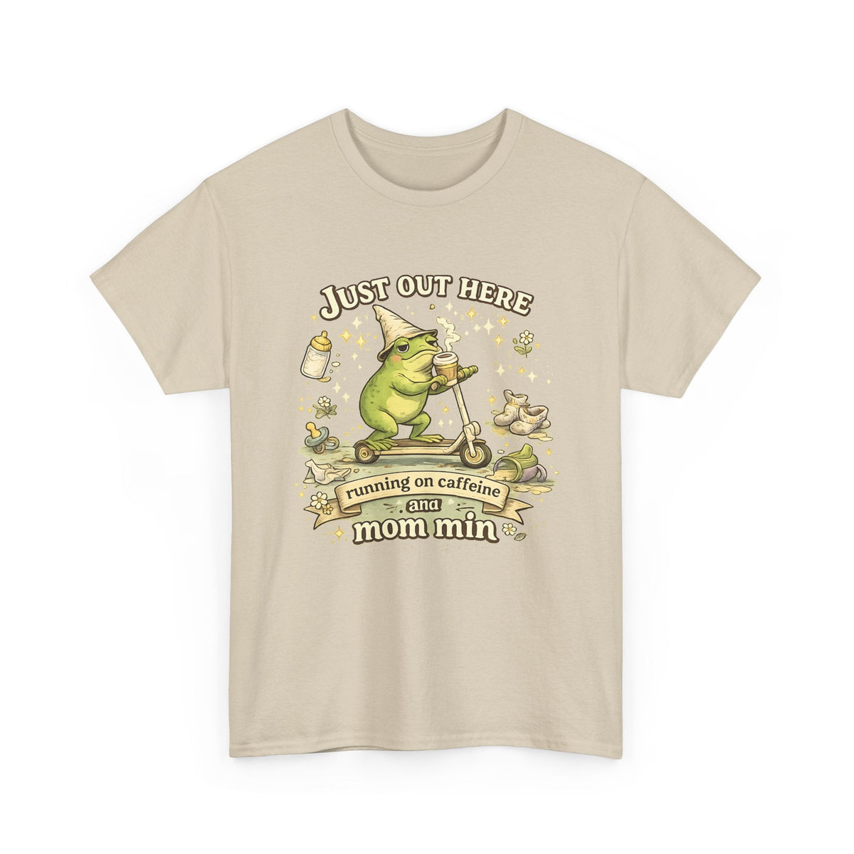 “Running on Caffeine & Mommin’” T-Shirt – Lustige Mama, Kaffee & Frosch Grafik-T-Shirt