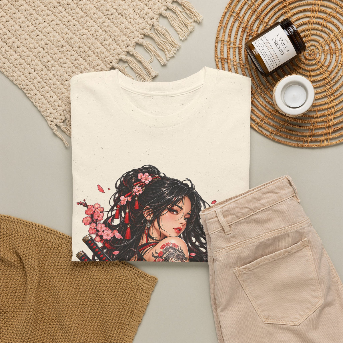 Japanese Samurai Girl T-Shirt – Dunkler Anime-Krieger Grafik-T-Shirt