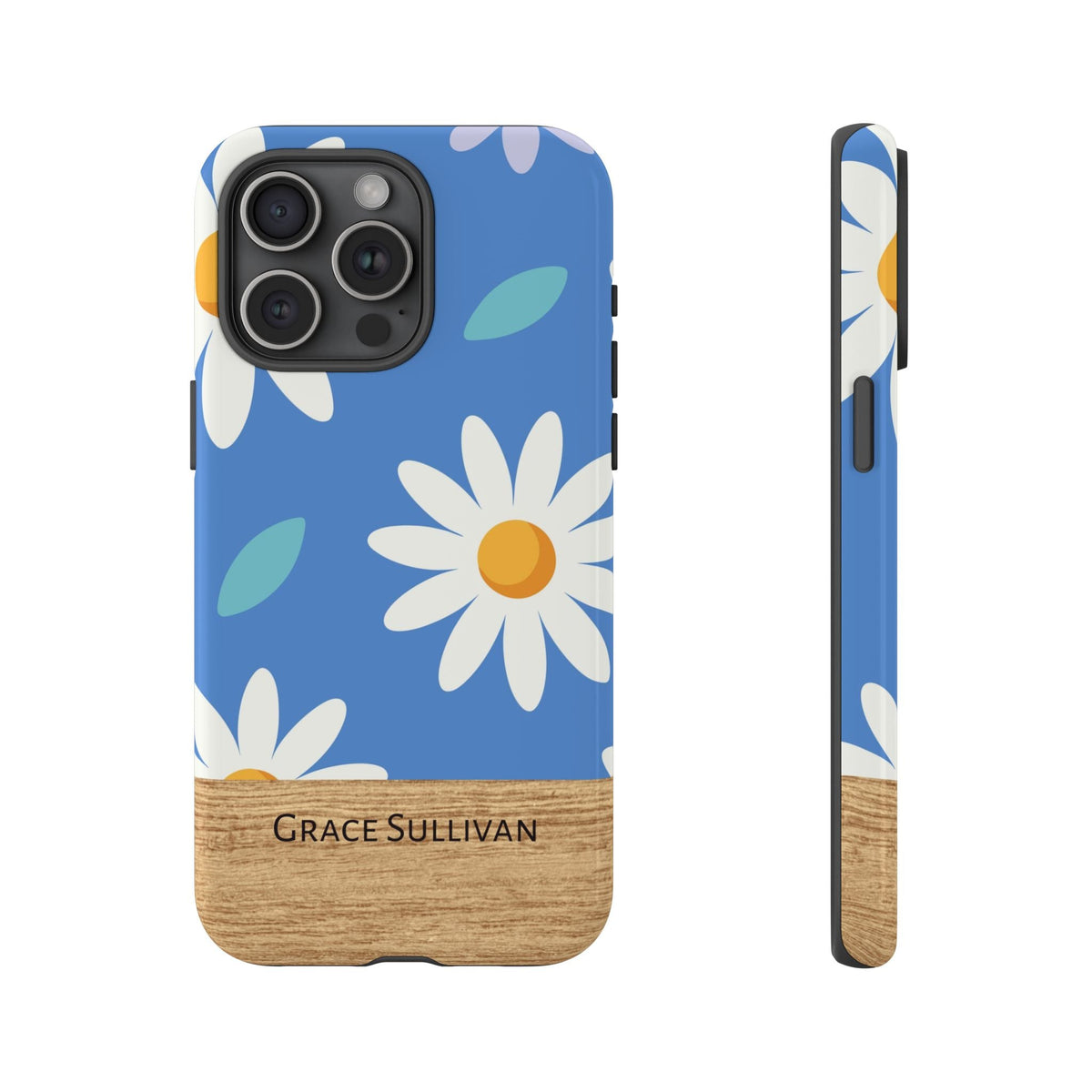 Personalisierte Gänseblümchen Handyhülle mit Namen – Robuste Handyhülle mit blauen Blumen & Holzoptik