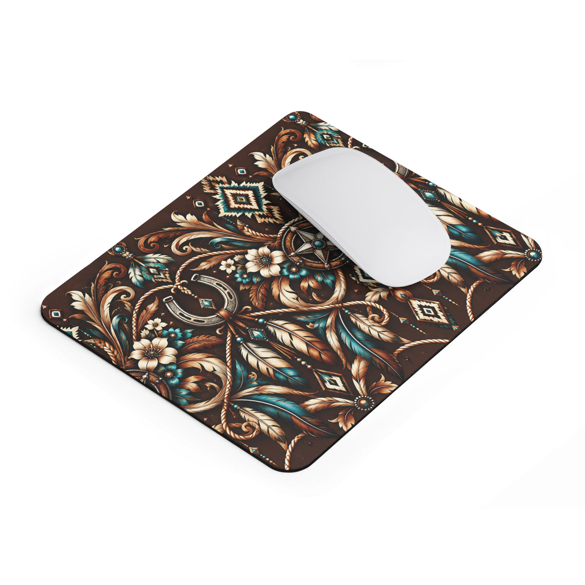 Western Hufeisen Mousepad – Cowboy Design in Braun & Türkis