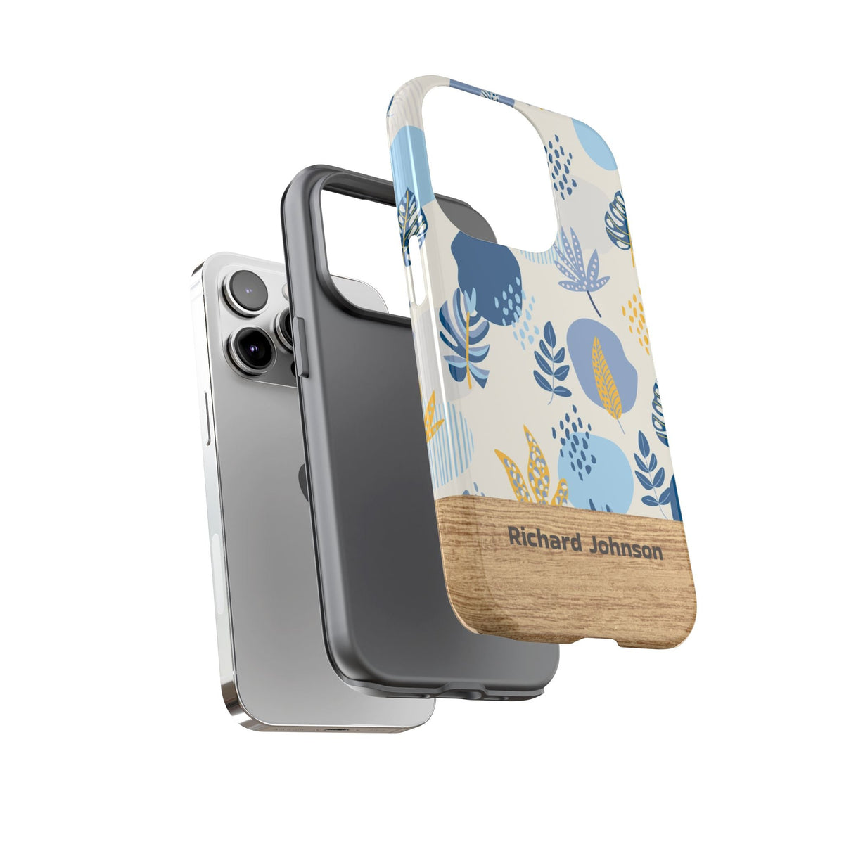 Personalisierte Botanisch Handyhülle mit Namen – Robuste Handyhülle mit blauen Blumen & Holzoptik