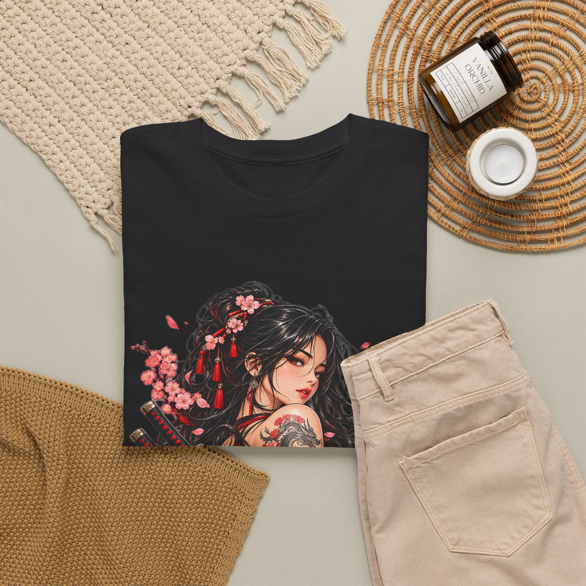 Japanese Samurai Girl T-Shirt – Dunkler Anime-Krieger Grafik-T-Shirt