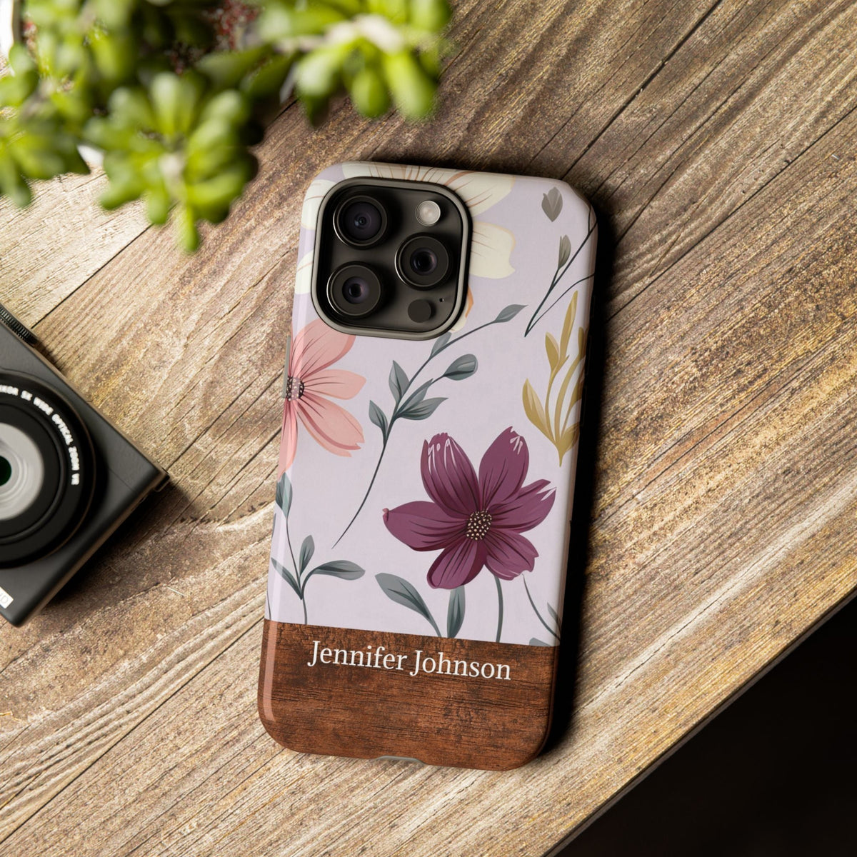 Personalisierte Blumen Handyhülle mit Namen – Robuste Handyhülle mit Holzoptik