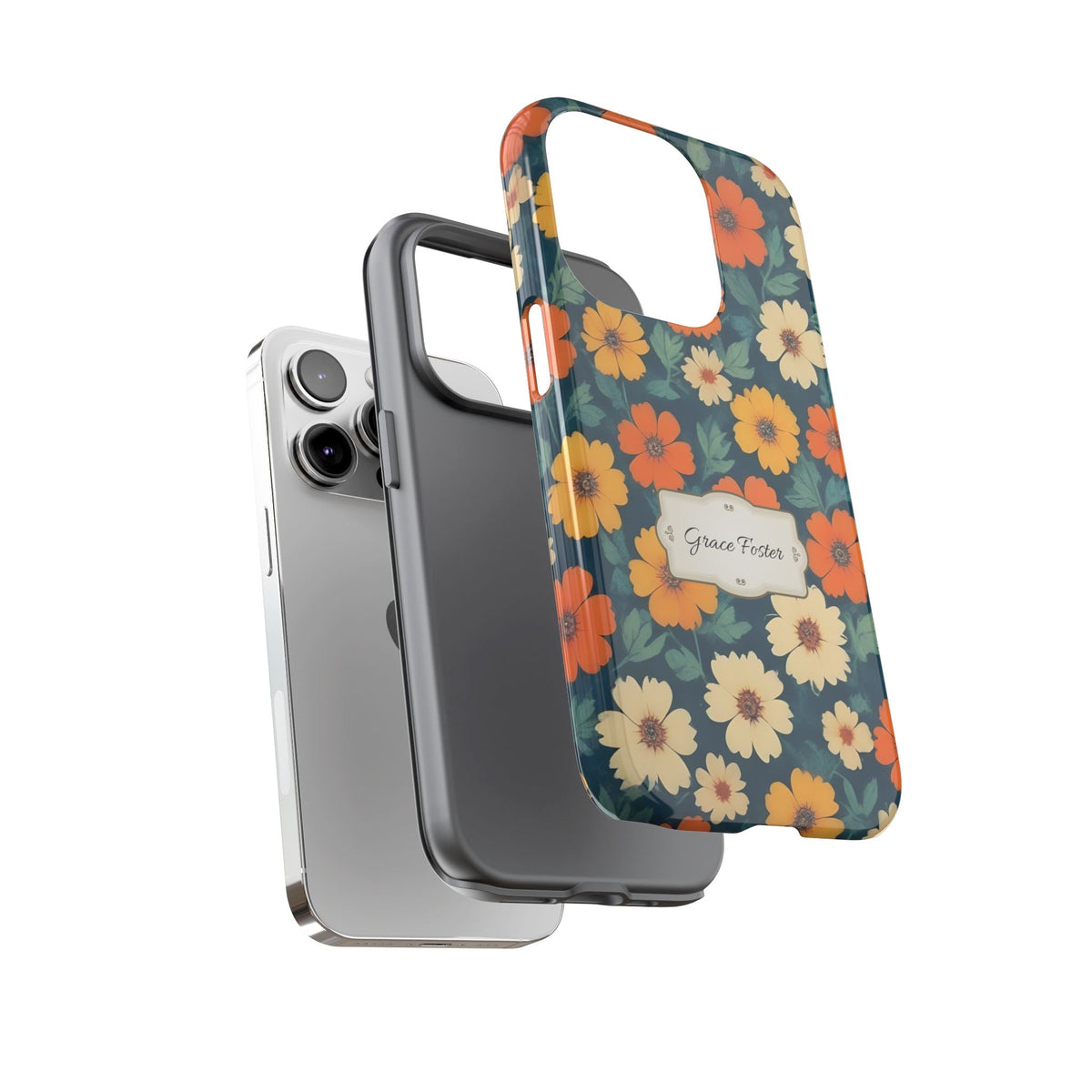 Personalisierte Retro-Blumen Handyhülle mit Namen – Robuste Handyhülle