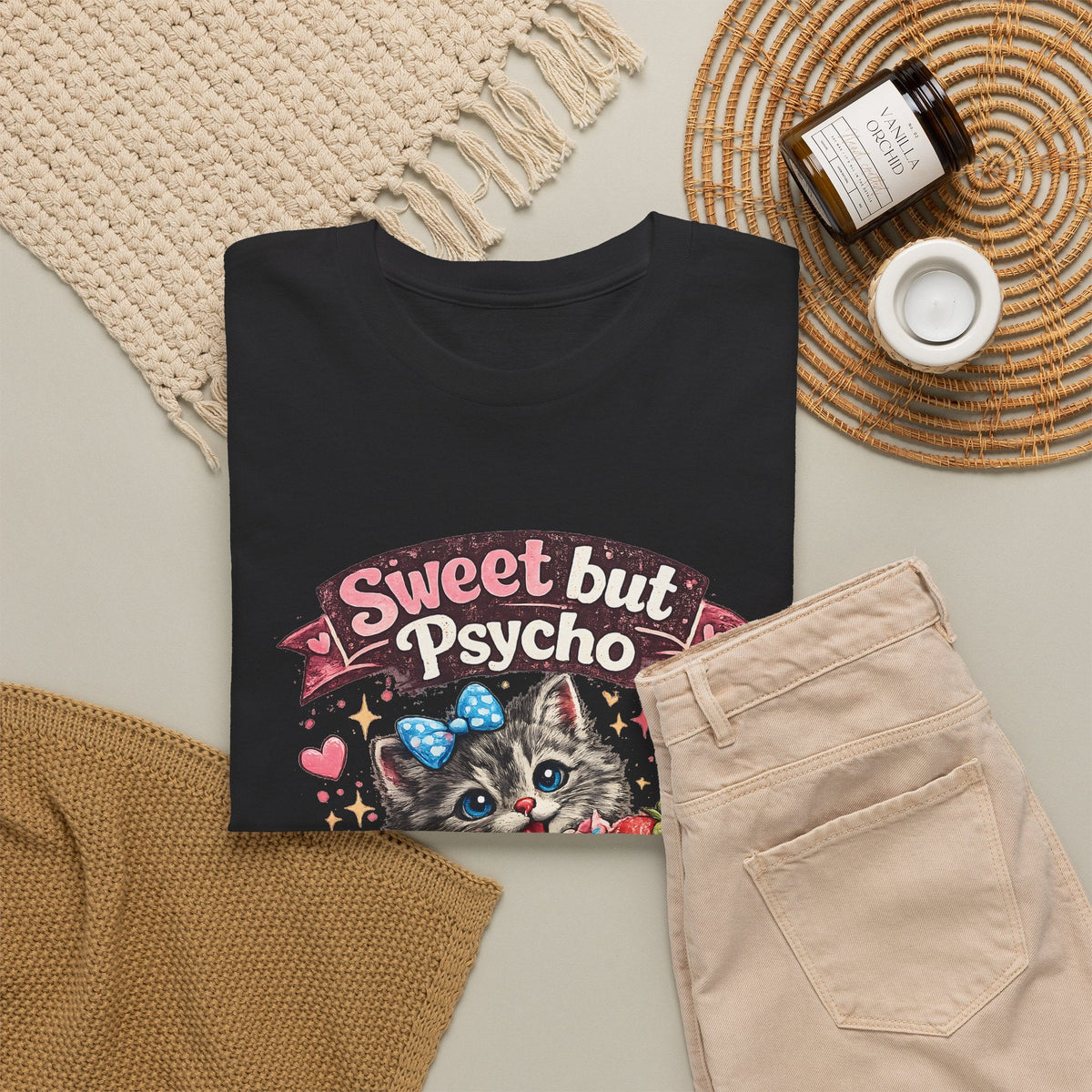 “Sweet But Psycho” T-Shirt – Süße lustige Kawaii-Katze Grafik-T-Shirt