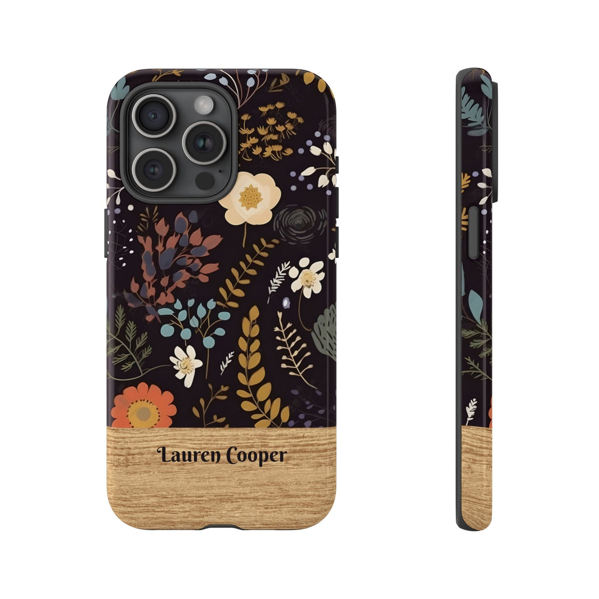 Personalisierte Dunkle Blumen Handyhülle mit Namen – Robuste Handyhülle mit Holzoptik