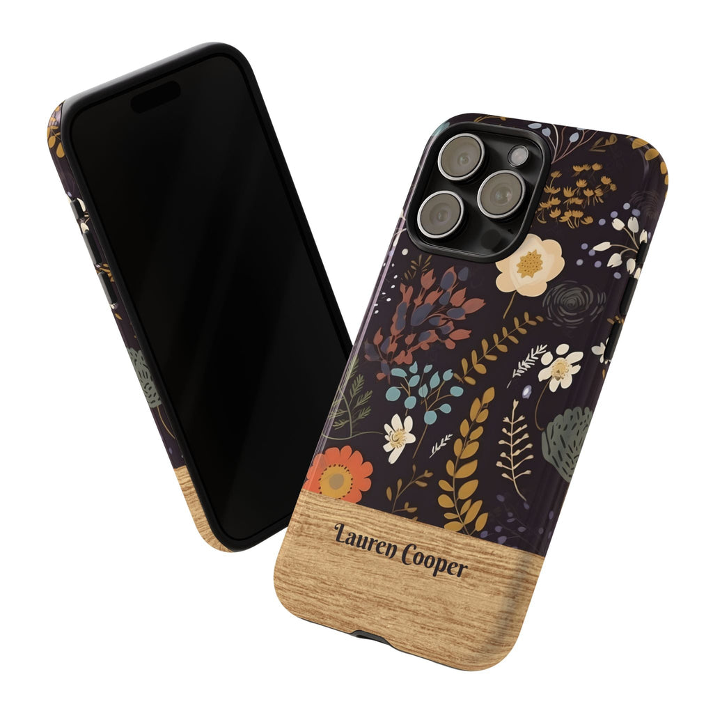 Personalisierte Dunkle Blumen Handyhülle mit Namen – Robuste Handyhülle mit Holzoptik