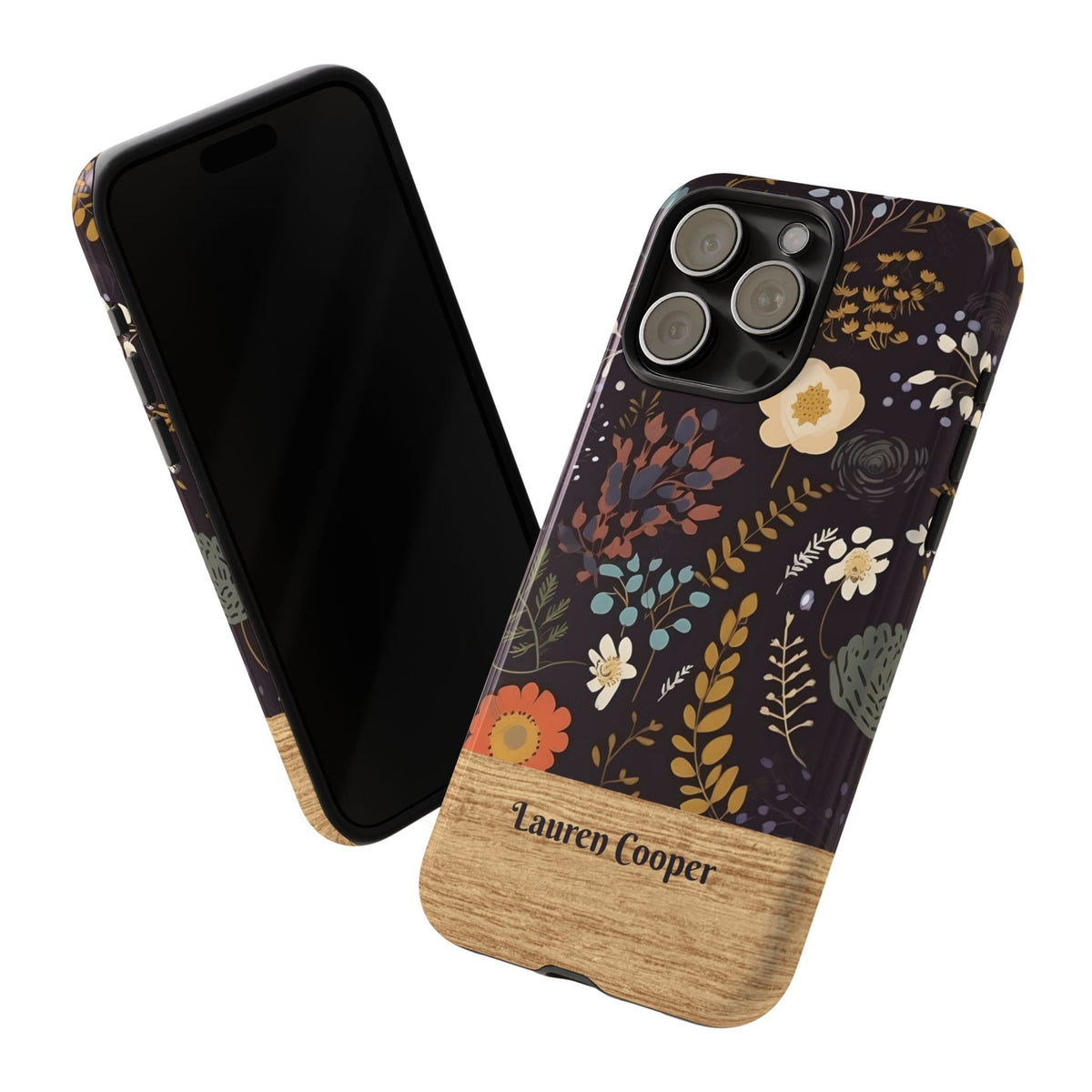 Personalisierte Dunkle Blumen Handyhülle mit Namen – Robuste Handyhülle mit Holzoptik