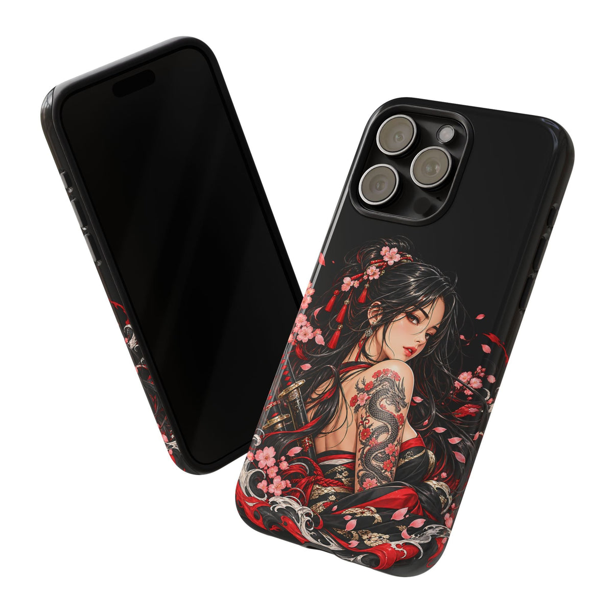 Japanische Kriegerin Handyhülle – Robuste Handyhülle mit Drache & Kirschblüten