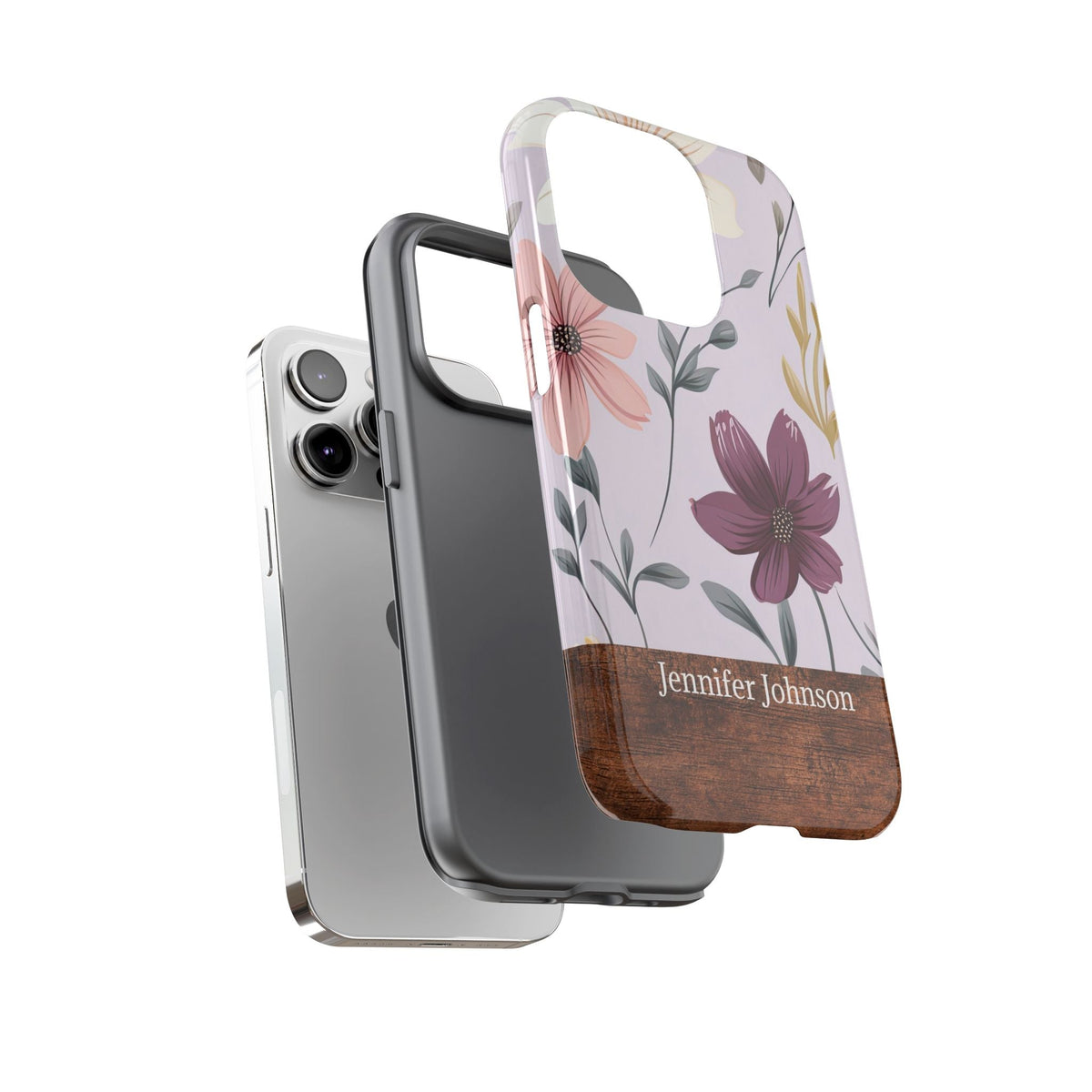 Personalisierte Blumen Handyhülle mit Namen – Robuste Handyhülle mit Holzoptik