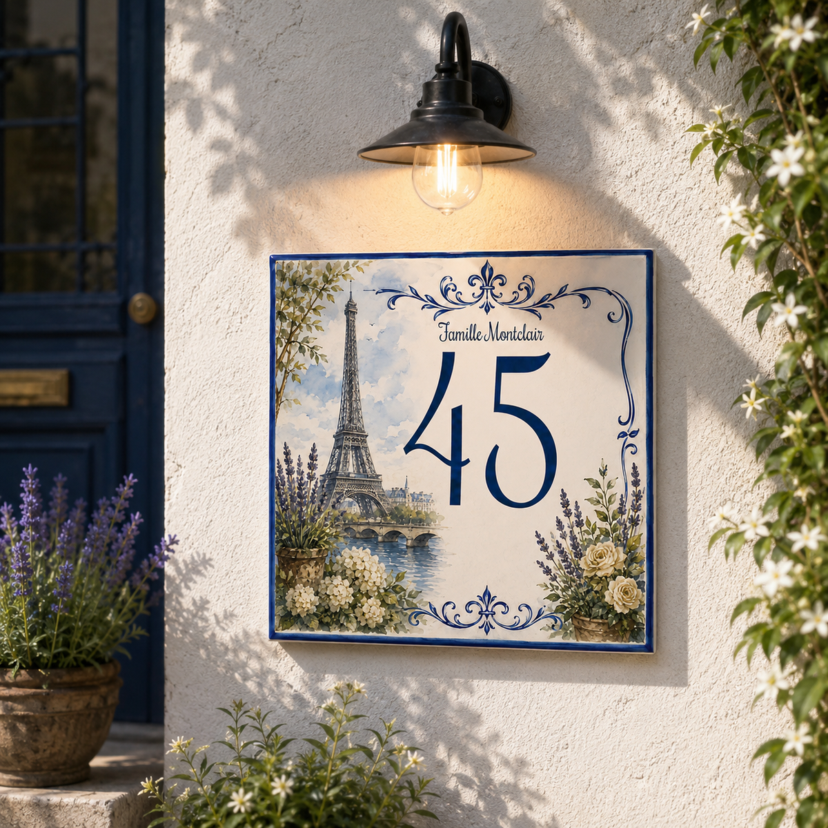 Personalisiertes Hausnummernschild Paris – Keramik 15 × 15 cm P40