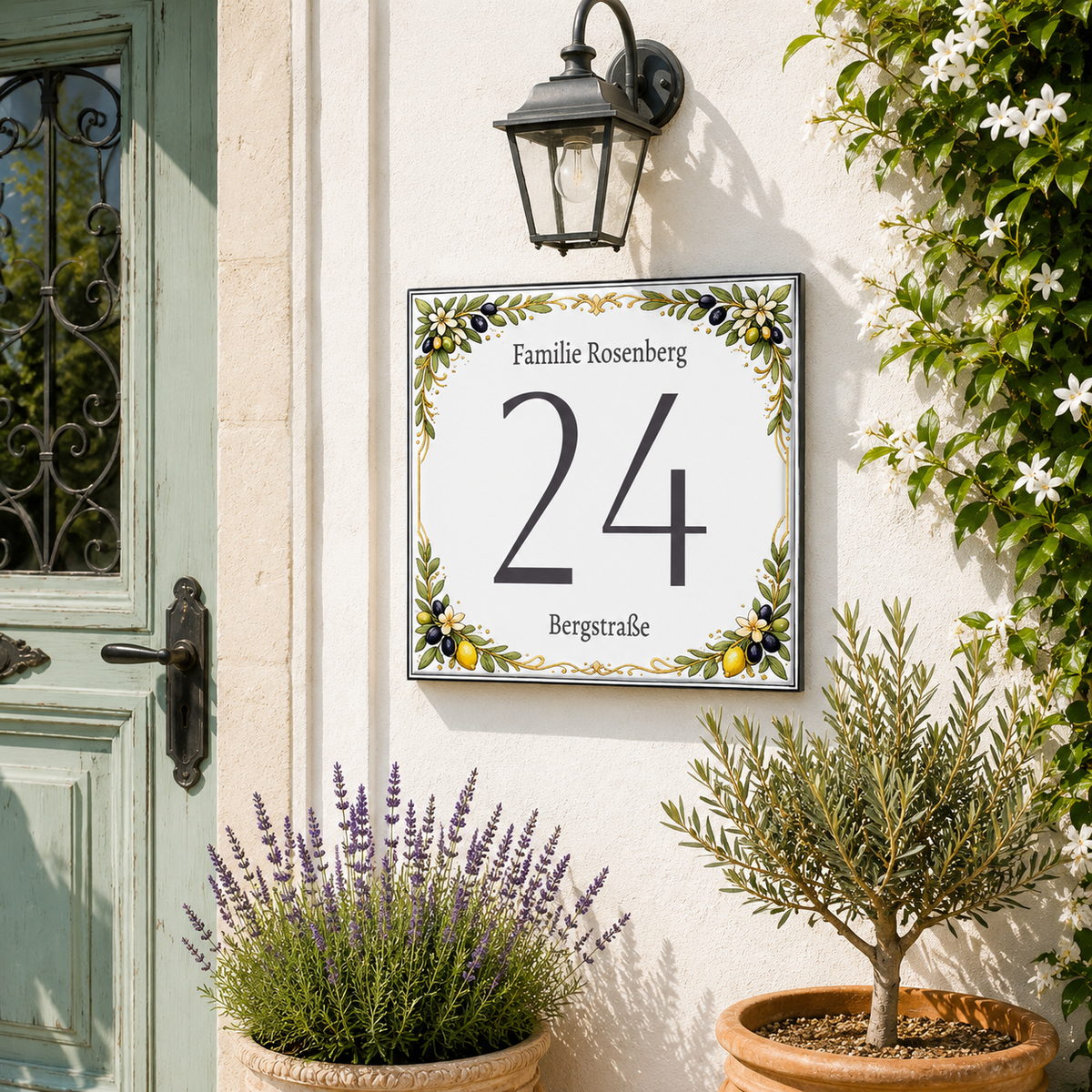 Personalisiertes Hausnummernschild Bari – Keramik 15 × 15 cm P81