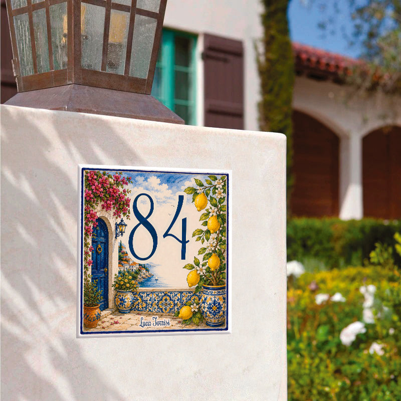 Personalisiertes Hausnummernschild mit Blumen & Zitronen – Mediterran P67
