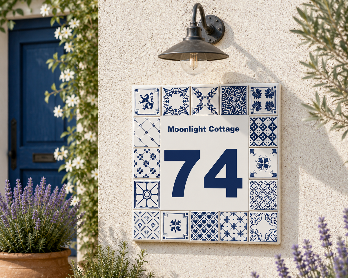 Personalisiertes Hausnummernschild – Keramik 15 × 15 cm P38