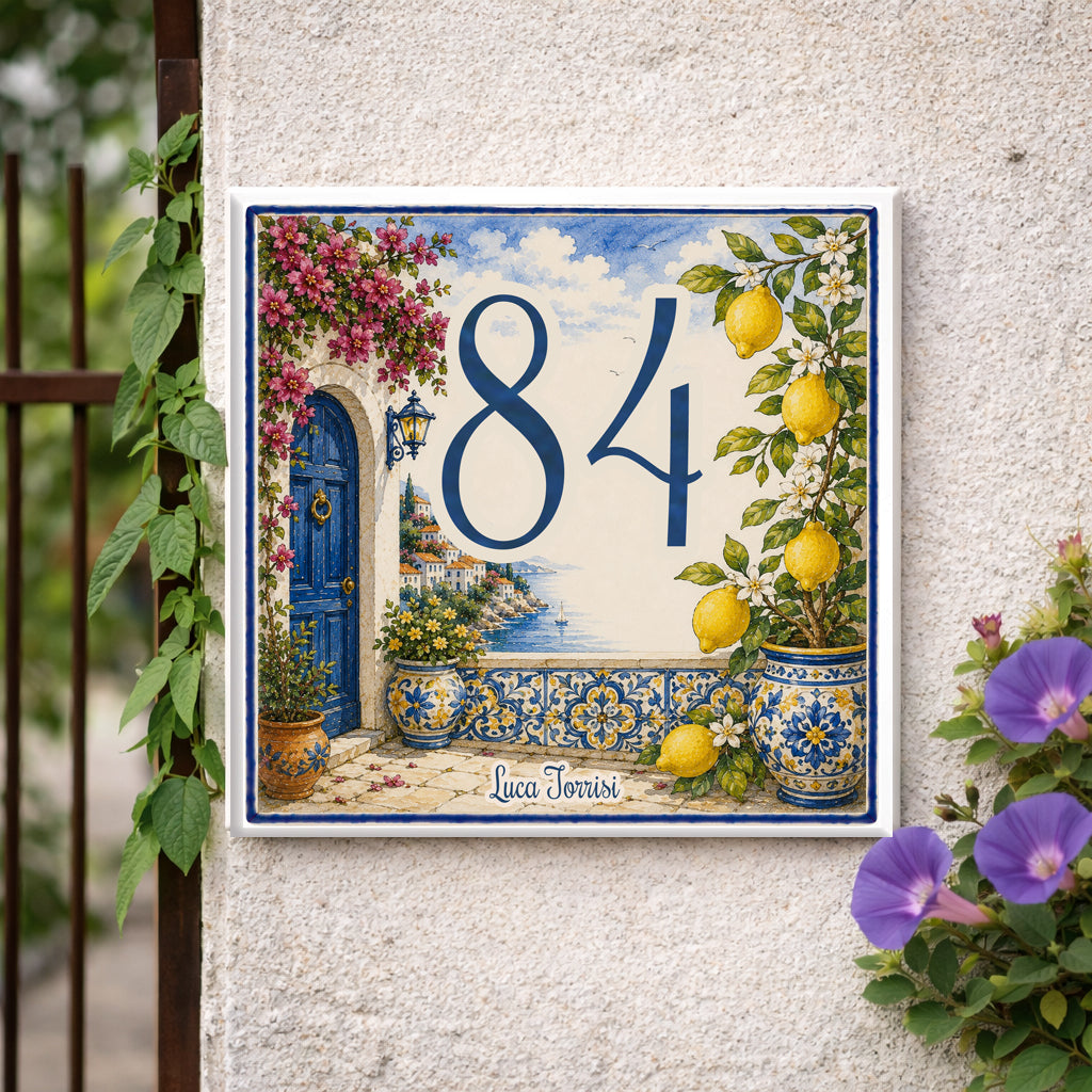 Personalisiertes Hausnummernschild mit Blumen & Zitronen – Mediterran P67