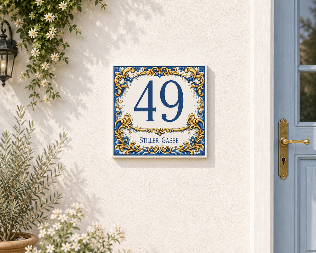 Personalisiertes Hausnummernschild aus Keramik – 15 × 15 cm P1