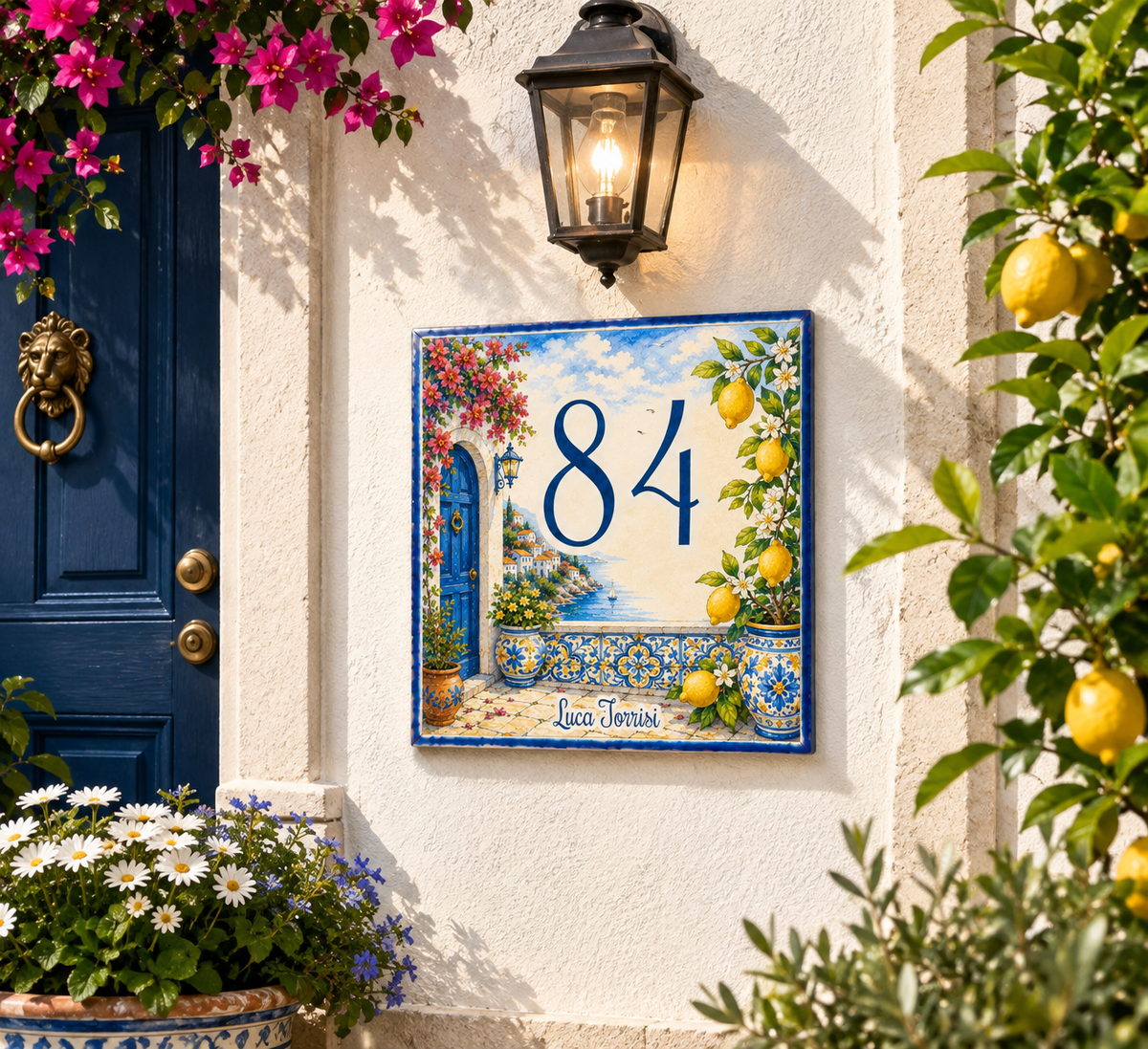 Personalisiertes Hausnummernschild mit Blumen & Zitronen – Mediterran P67