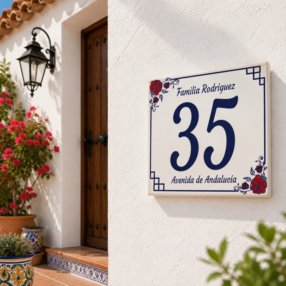 Personalisiertes Hausnummernschild mit Rosen – Keramik P11