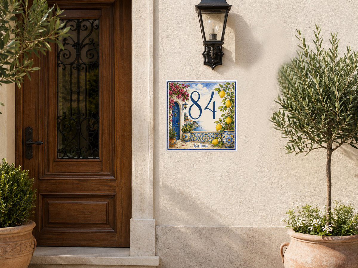 Personalisiertes Hausnummernschild mit Blumen & Zitronen – Mediterran P67