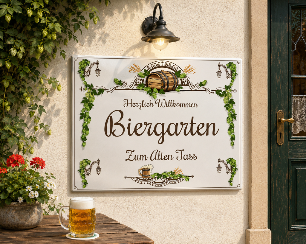 Personalisiertes Keramik-Hausschild 20×25 cm – Biergarten – Kalabula