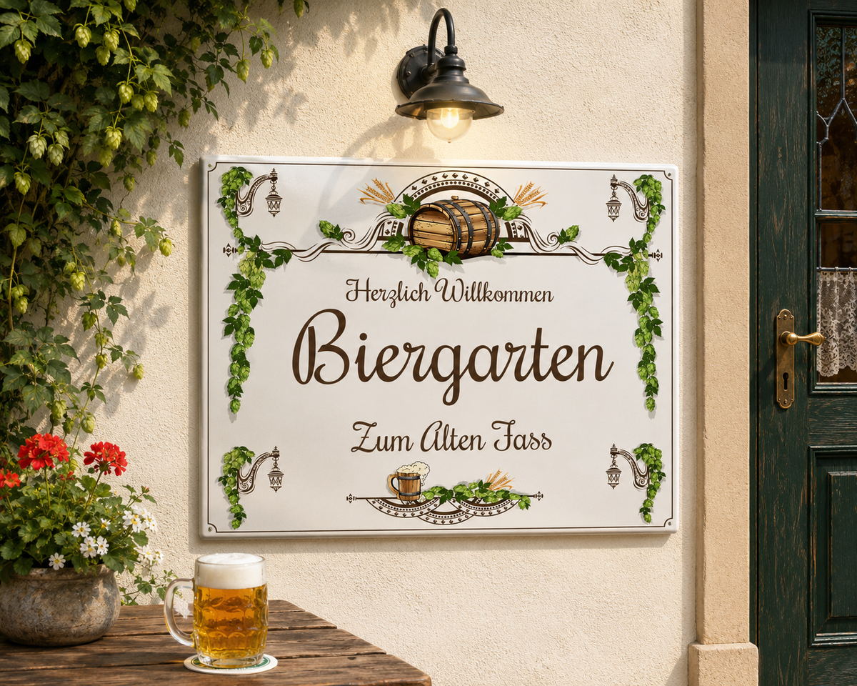 Personalisiertes Keramik-Hausschild 20×25 cm – Biergarten – Kalabula