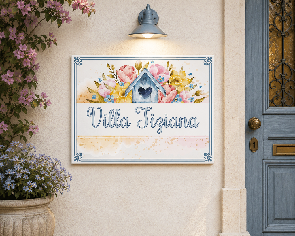 Personalisiertes Keramik-Hausschild 20×25 cm – Blumen & Haus – Kalabula