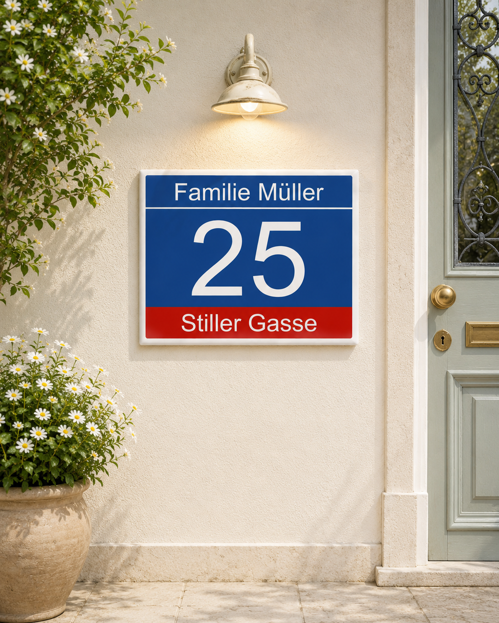 Personalisiertes Hausschild aus Keramik 20×25 cm – Rot & Blau – S4