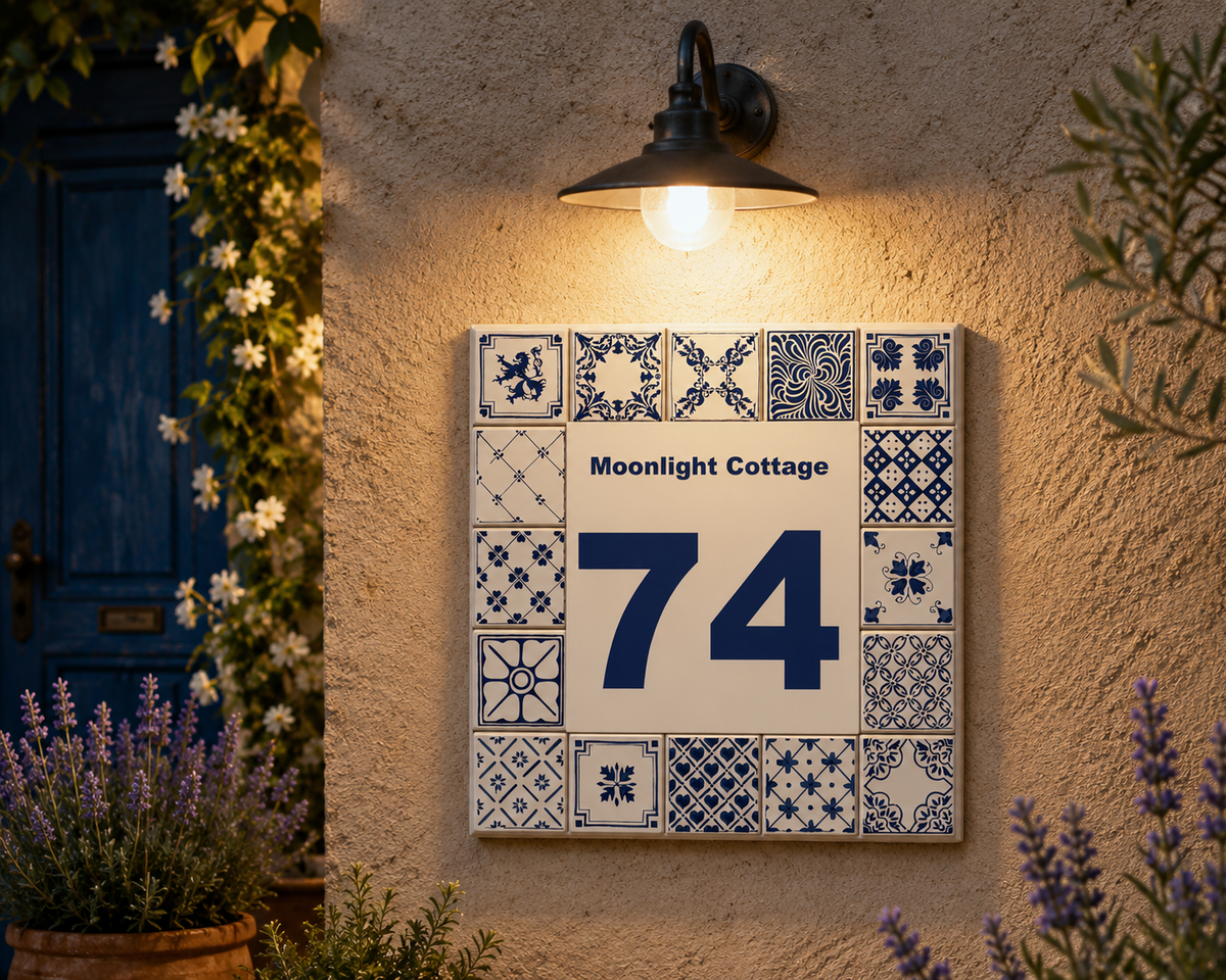Personalisiertes Hausnummernschild – Keramik 15 × 15 cm P38
