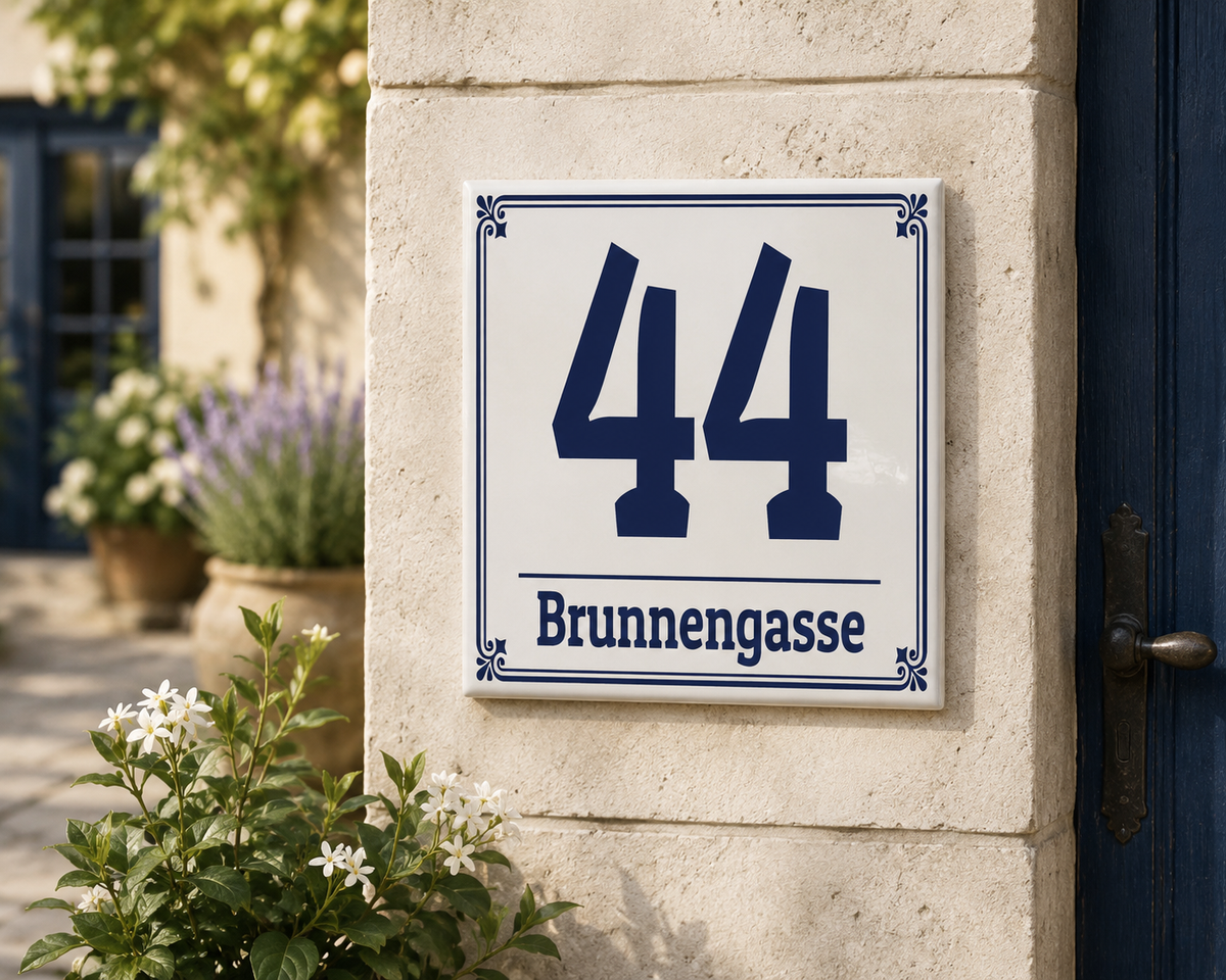 Personalisiertes Hausnummernschild Turin – Keramik 15 × 15 cm P37