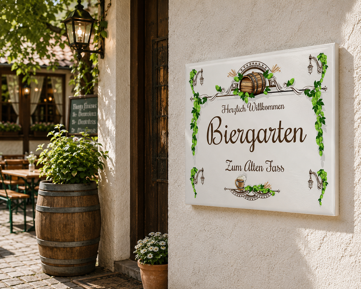 Personalisiertes Hausschild aus Keramik 20×25 cm – Biergarten – S10