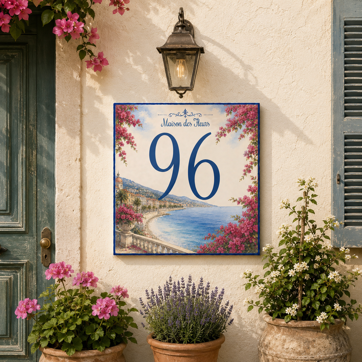 Personalisiertes Hausnummernschild Nizza – Keramik 15 × 15 cm P49