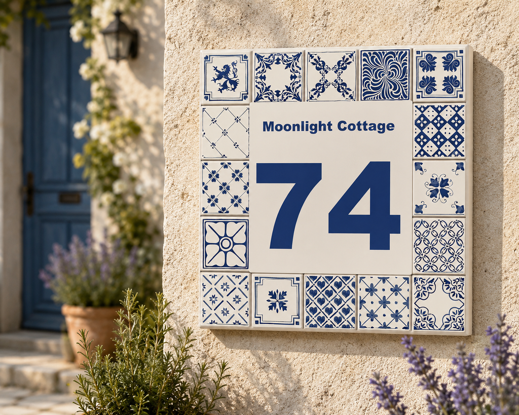 Personalisiertes Hausnummernschild – Keramik 15 × 15 cm P38