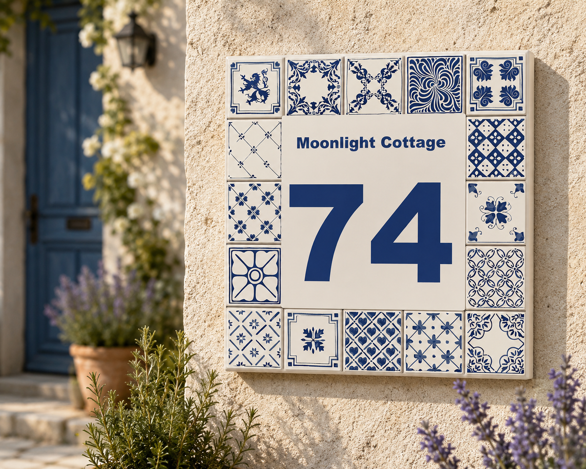Personalisiertes Hausnummernschild – Keramik 15 × 15 cm P38